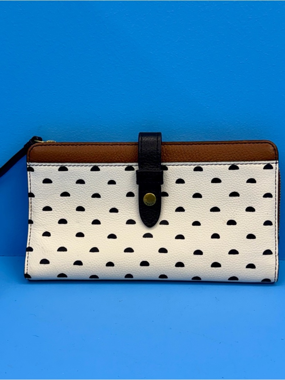 Fossil White Polka Dot Wristlet with Brown Trim & Black Strap